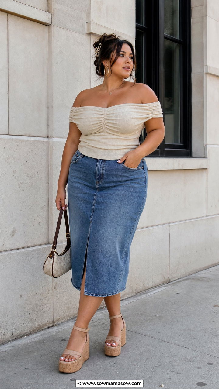 Plus Size Off Shoulder Top And Denim Skirt Outfit - 20 plus size y2k top outfit ideas