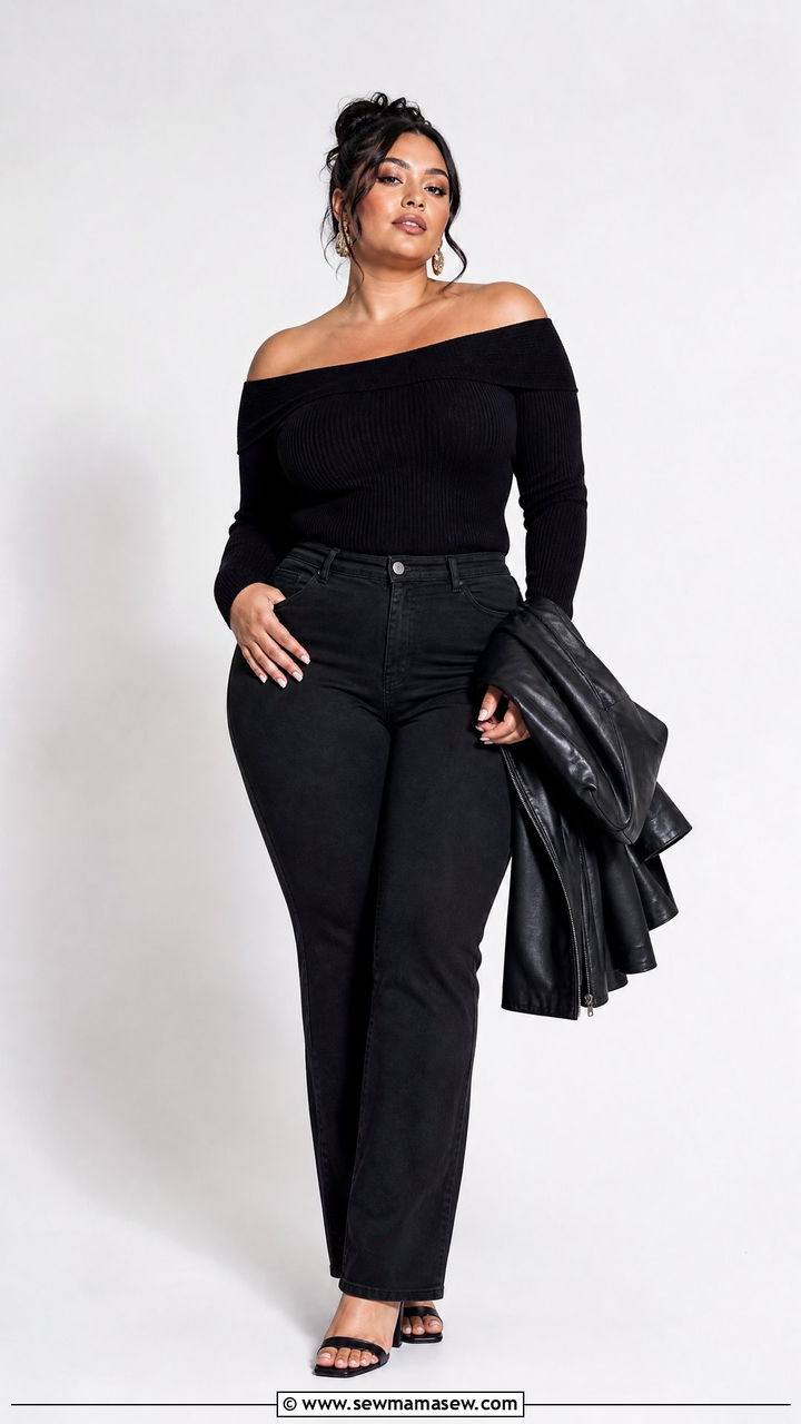 Plus Size Off Shoulder Top With Black Jeans - 20 plus size date night top outfit ideas