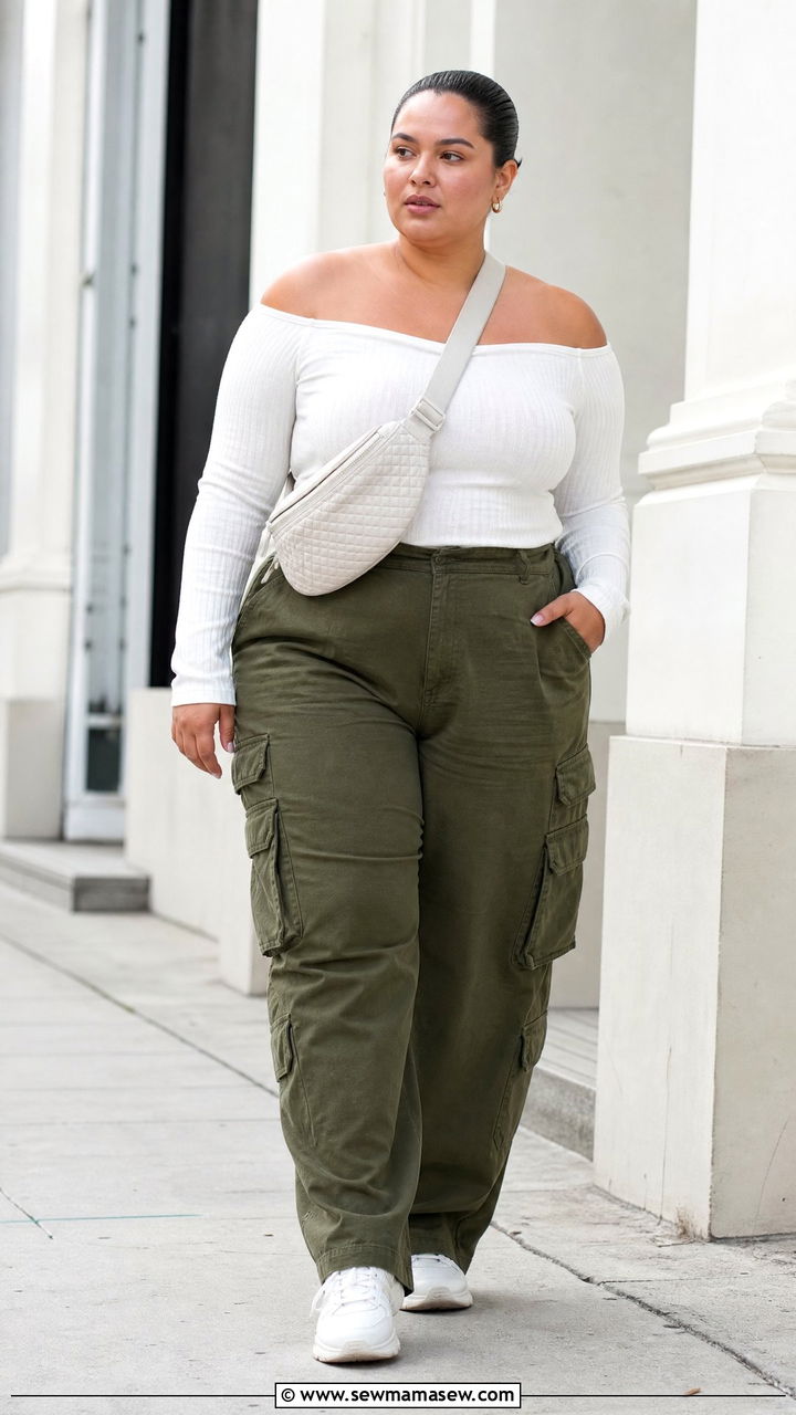 Plus Size Off Shoulder Top With Cargo Pants - 20 plus size off shoulder top outfit ideas