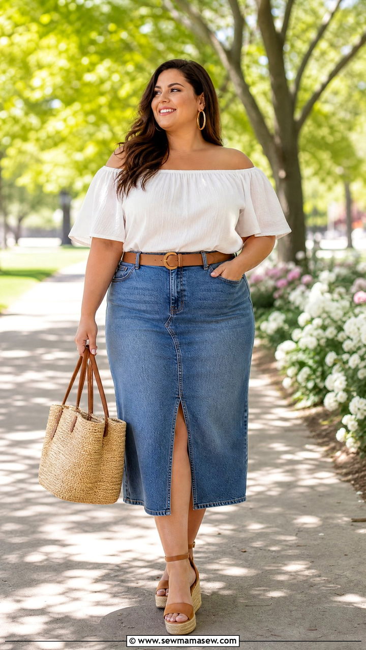 Plus Size Off Shoulder Top With Denim Skirt - 20 plus size off shoulder top outfit ideas