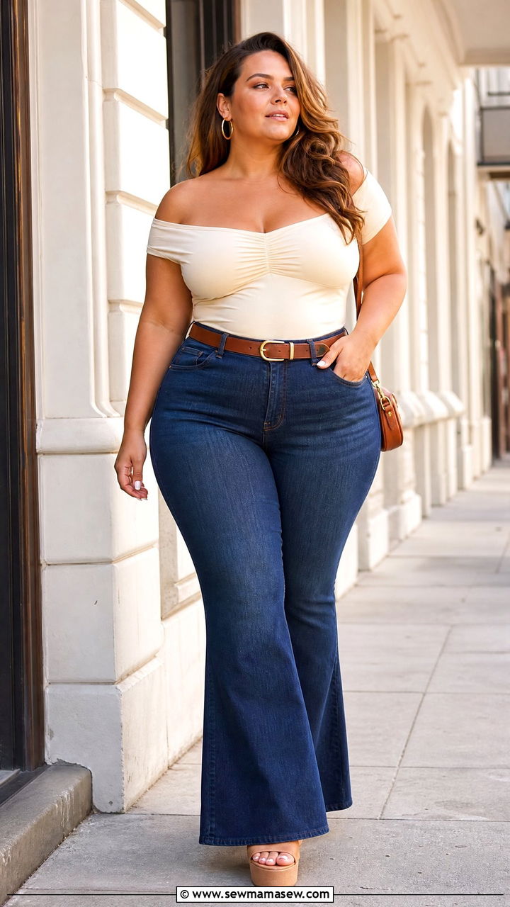 Plus Size Off Shoulder Top With Flare Jeans - 20 plus size off shoulder top outfit ideas