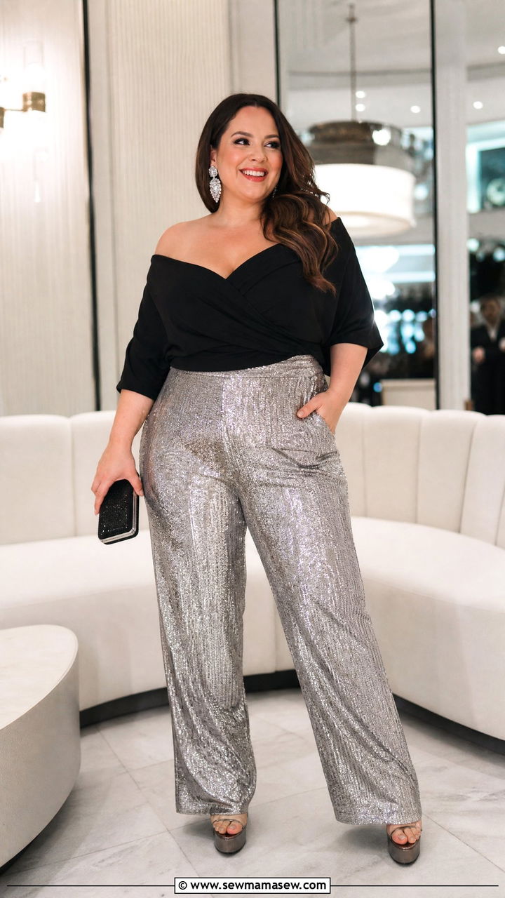 Plus Size Off Shoulder Top With Sequin Pants - 20 plus size new years eve top outfit ideas