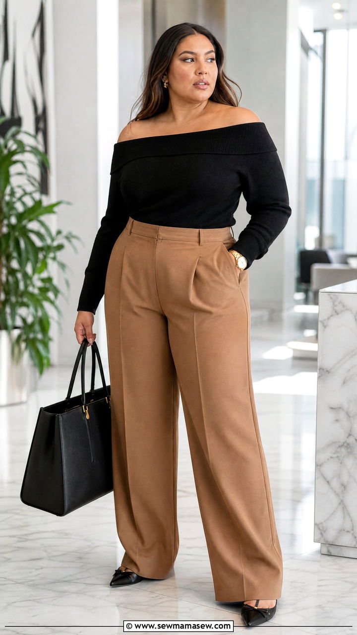 Plus Size Off Shoulder Top With Tailored Trousers - 20 plus size off shoulder top outfit ideas