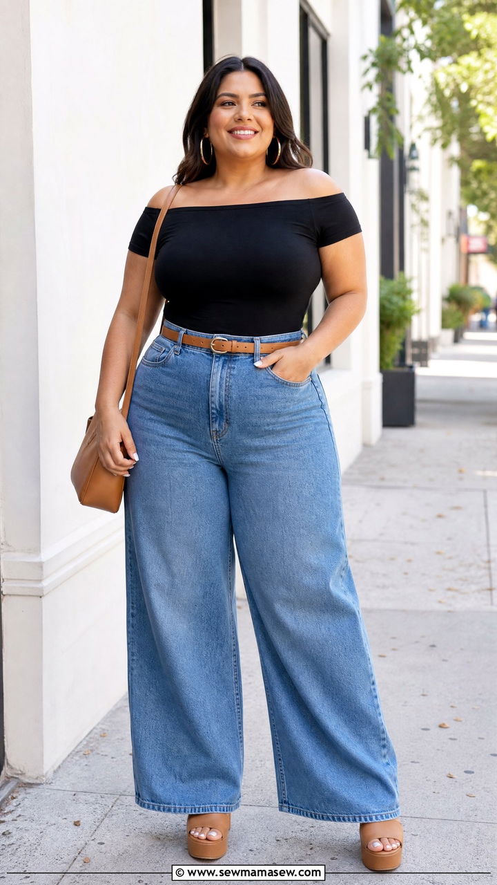Plus Size Off Shoulder Top With Wide Leg Jeans - 20 plus size off shoulder top outfit ideas