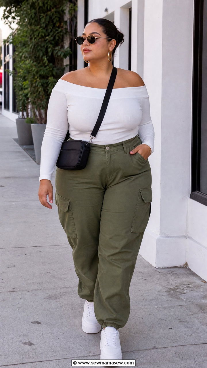 Plus Size Off The Shoulder Top With Cargo Pants - 20 plus size off the shoulder top outfit ideas