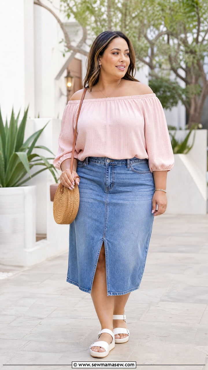 Plus Size Off The Shoulder Top With Denim Skirt - 20 plus size off the shoulder top outfit ideas