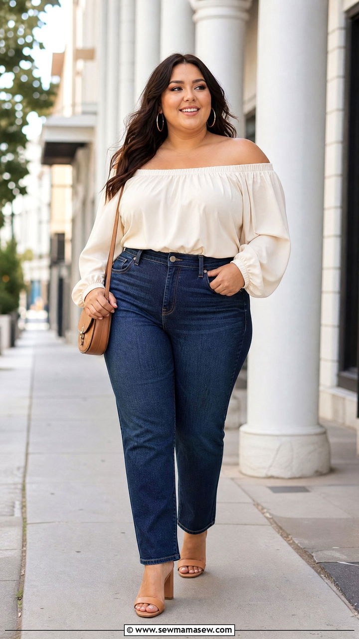 Plus Size Off The Shoulder Top With High Waisted Jeans - 20 plus size off the shoulder top outfit ideas