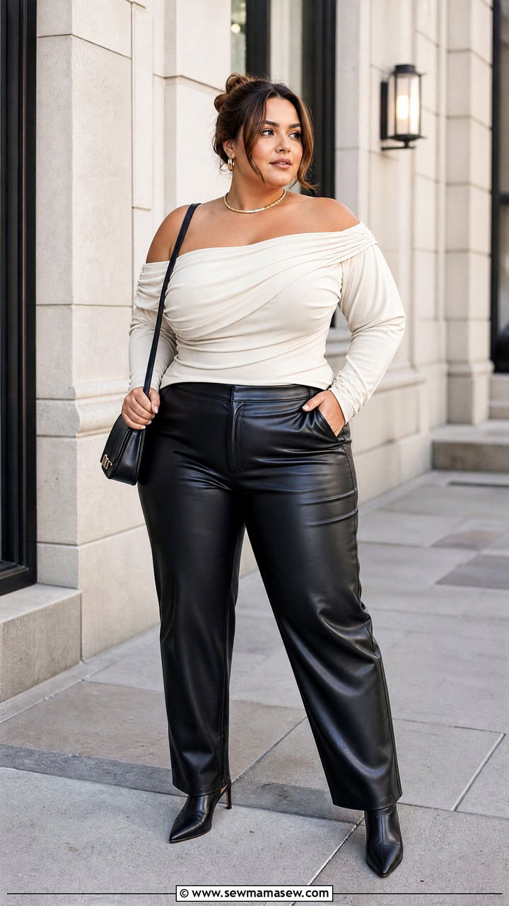 Plus Size Off The Shoulder Top With Leather Pants - 20 plus size off the shoulder top outfit ideas
