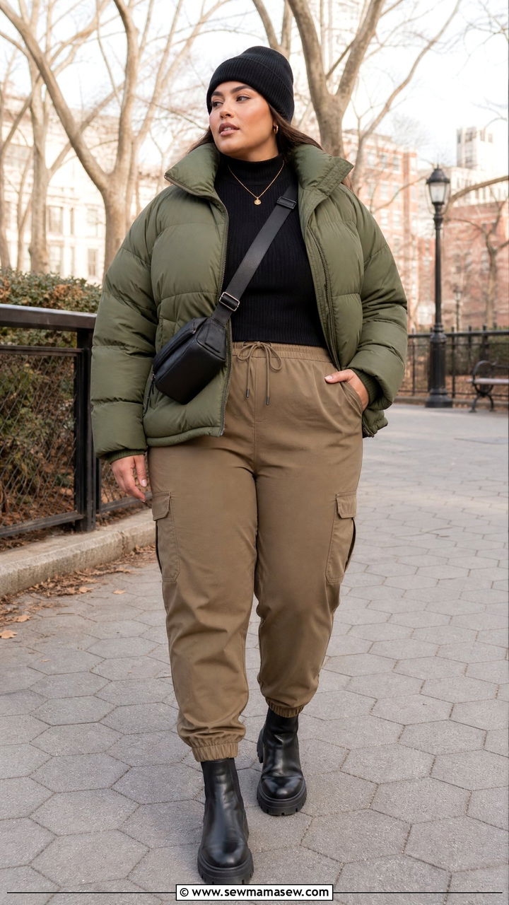 Plus Size Olive Puffer Jacket With Cargo Pants - 20 plus size puffer jacket outfit ideas