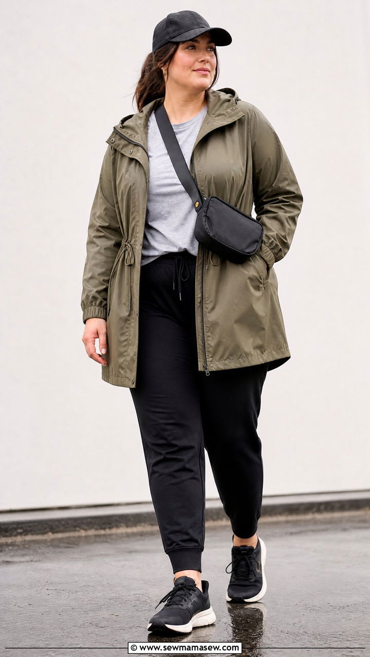 Plus Size Olive Raincoat With Joggers - 20 plus size raincoat outfit ideas