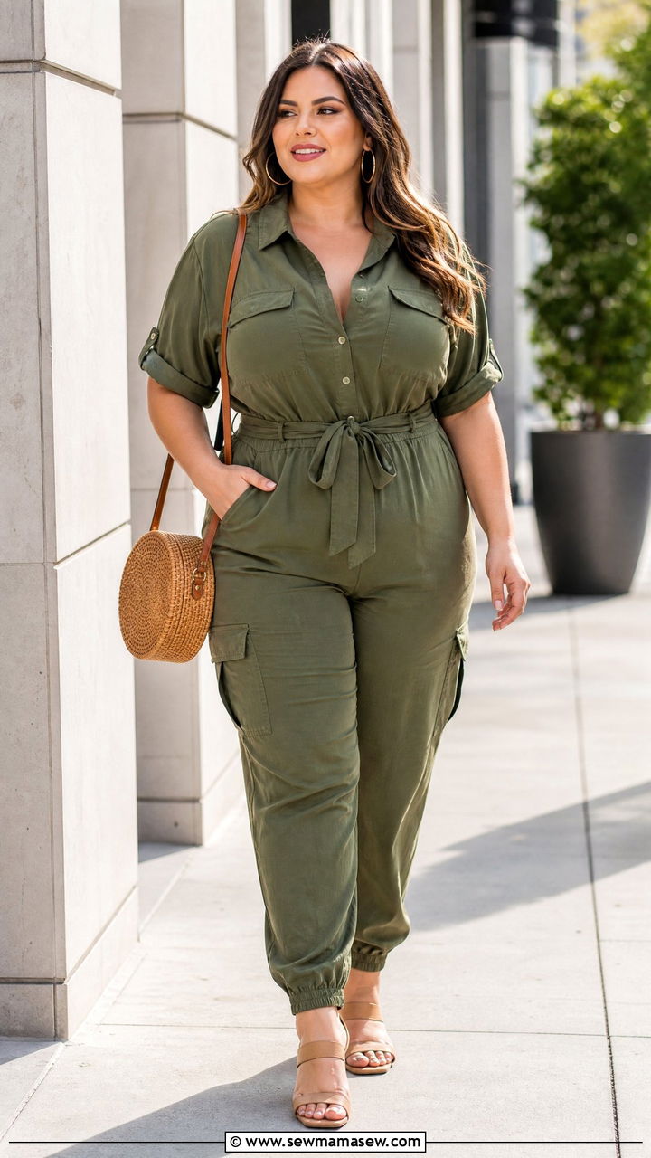 Plus Size Olive Utility Jumpsuit Outfit - 20 plus size earth tone outfit ideas