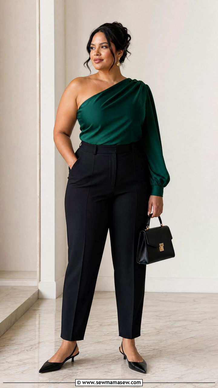 Plus Size One Shoulder Blouse With Tailored Trousers - 20 plus size one shoulder top outfit ideas