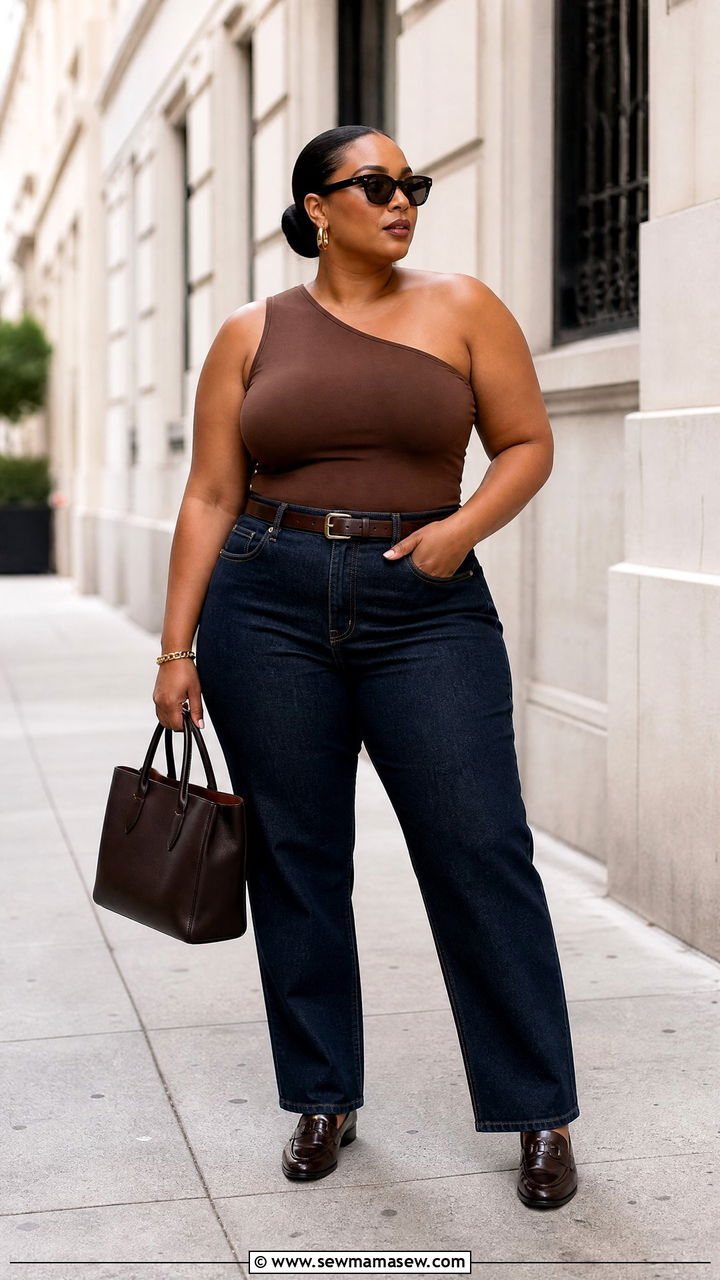 Plus Size One Shoulder Bodysuit With Straight Leg Jeans - 20 plus size one shoulder top outfit ideas