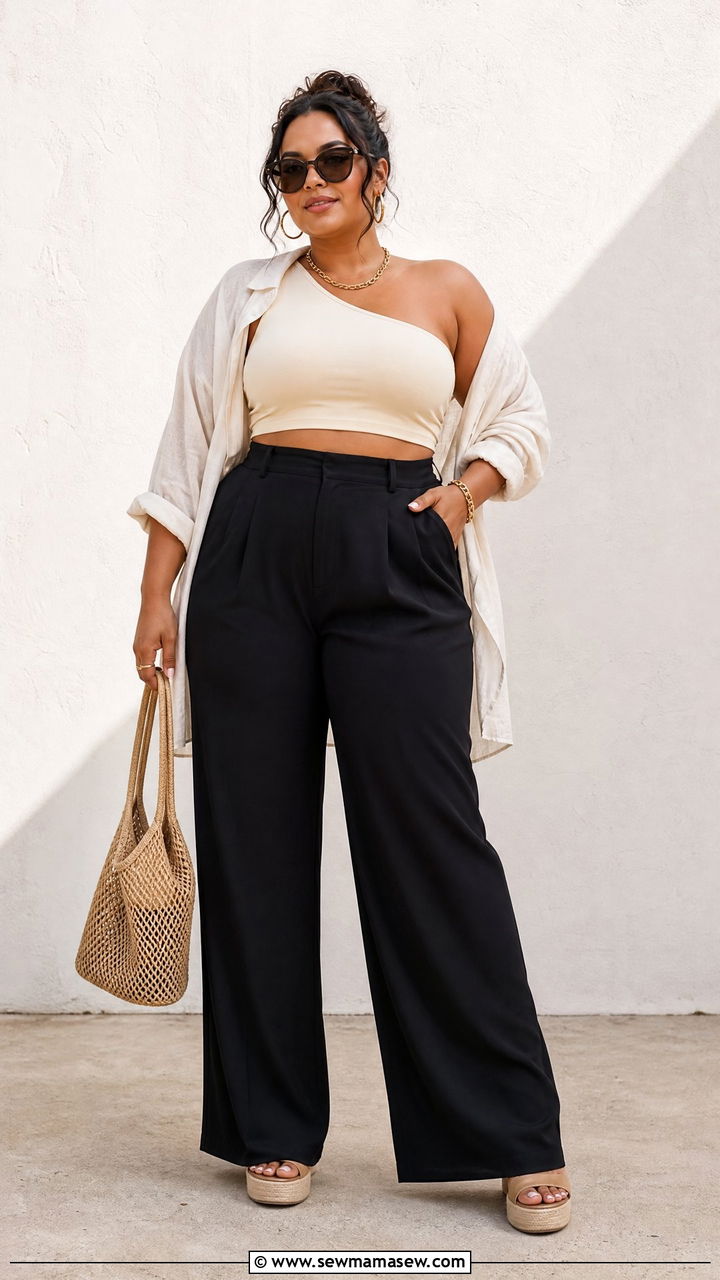 Plus Size One Shoulder Crop Top With High Waist Pants - 20 plus size one shoulder top outfit ideas