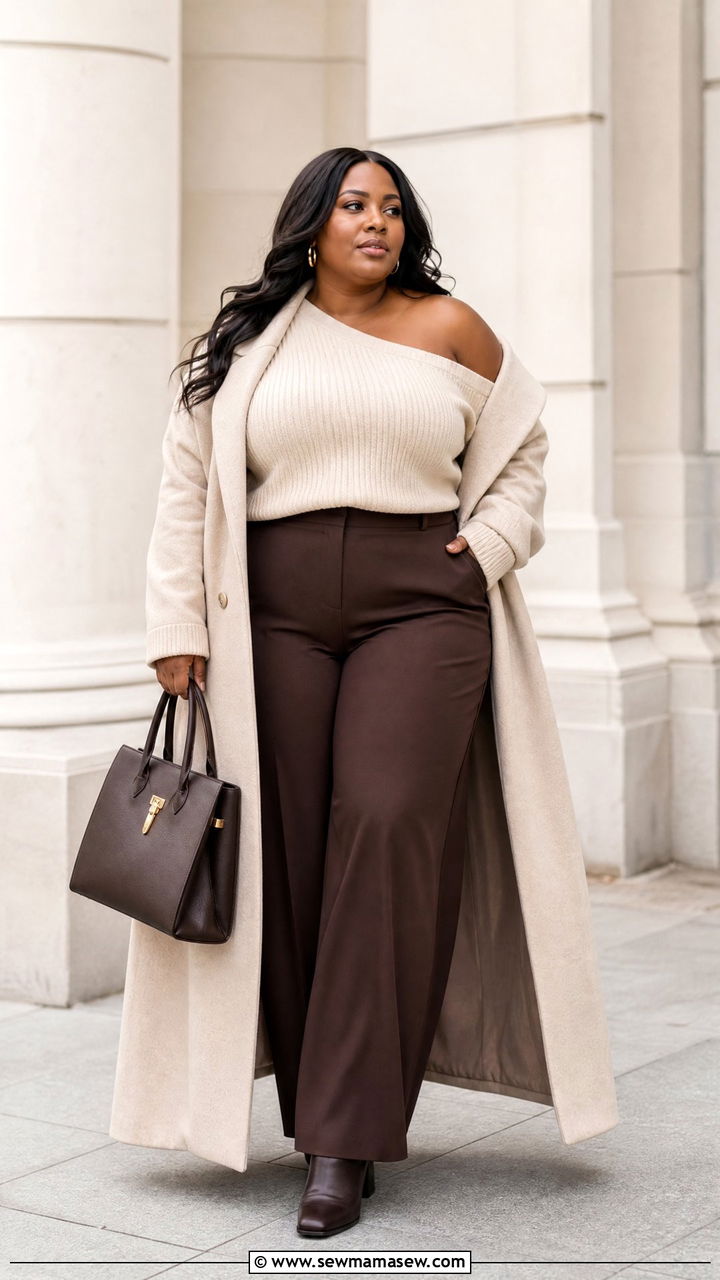 Plus Size One Shoulder Sweater With Wide Leg Pants - 20 plus size one shoulder top outfit ideas