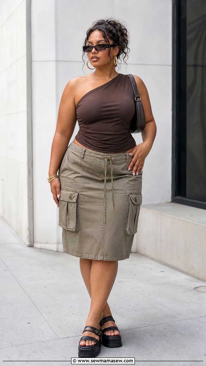 Plus Size One Shoulder Top And Cargo Skirt Outfit - 20 plus size y2k top outfit ideas
