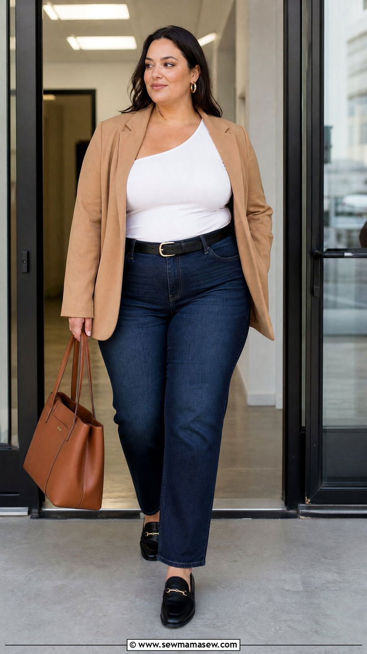 Plus Size One Shoulder Top With Blazer And Jeans - 20 plus size one shoulder top outfit ideas