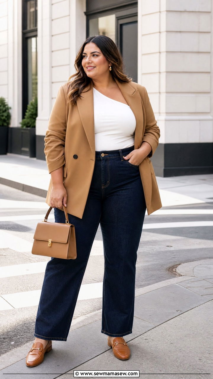 Plus Size One Shoulder Top With Blazer And Jeans - 20 plus size asymmetric one shoulder top outfit ideas