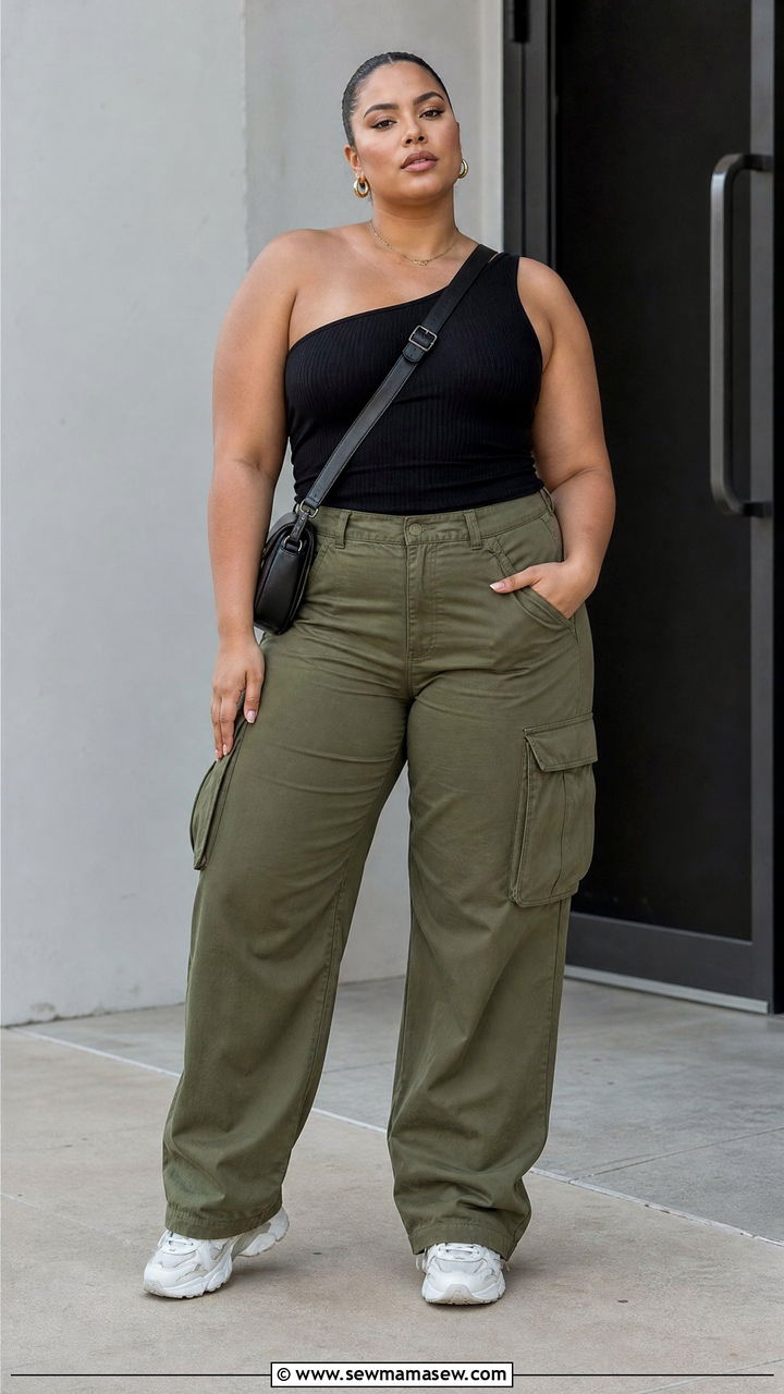 Plus Size One Shoulder Top With Cargo Pants - 20 plus size one shoulder top outfit ideas