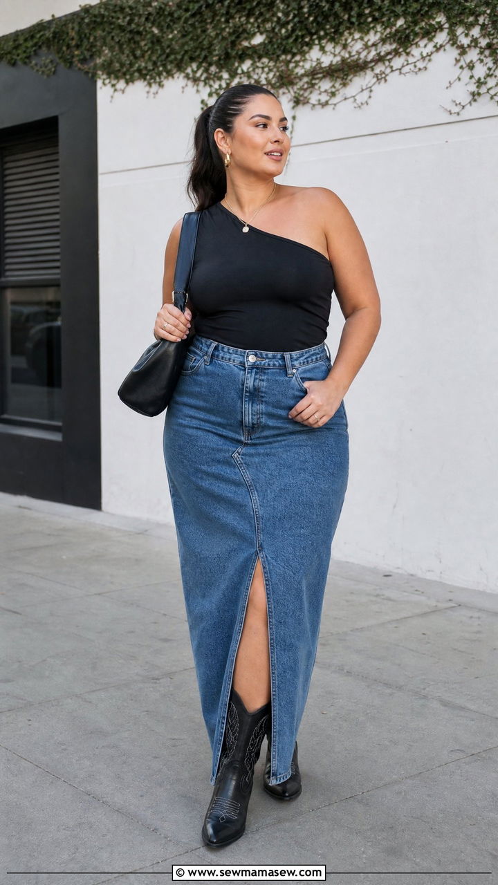 Plus Size One Shoulder Top With Denim Maxi Skirt - 20 plus size asymmetric one shoulder top outfit ideas