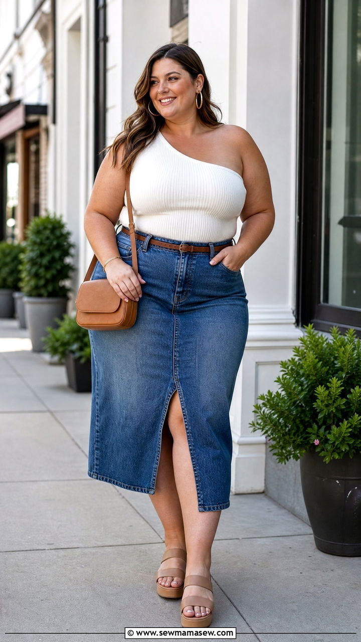 Plus Size One Shoulder Top With Denim Skirt - 20 plus size one shoulder top outfit ideas