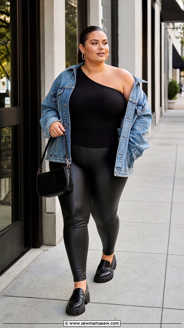 Plus Size One Shoulder Top With Faux Leather Leggings - 20 plus size edgy top outfit ideas