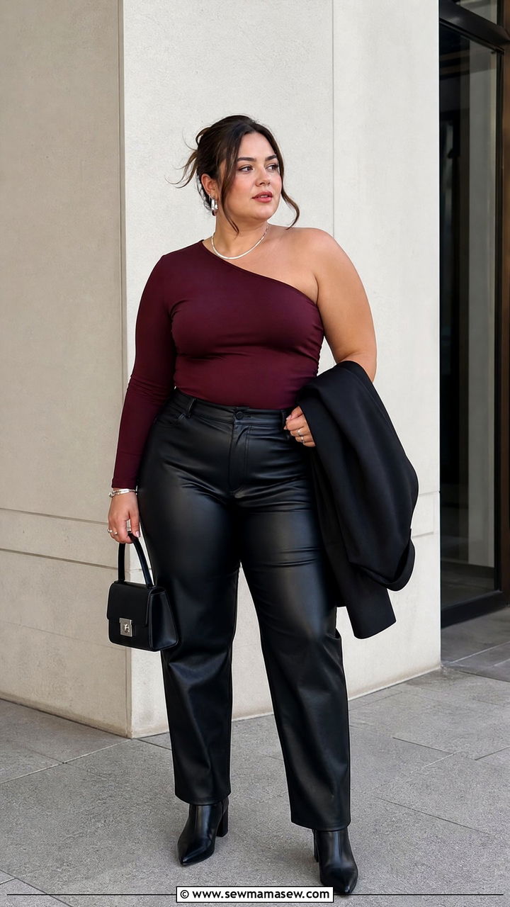 Plus Size One Shoulder Top With Faux Leather Pants - 20 plus size asymmetric one shoulder top outfit ideas