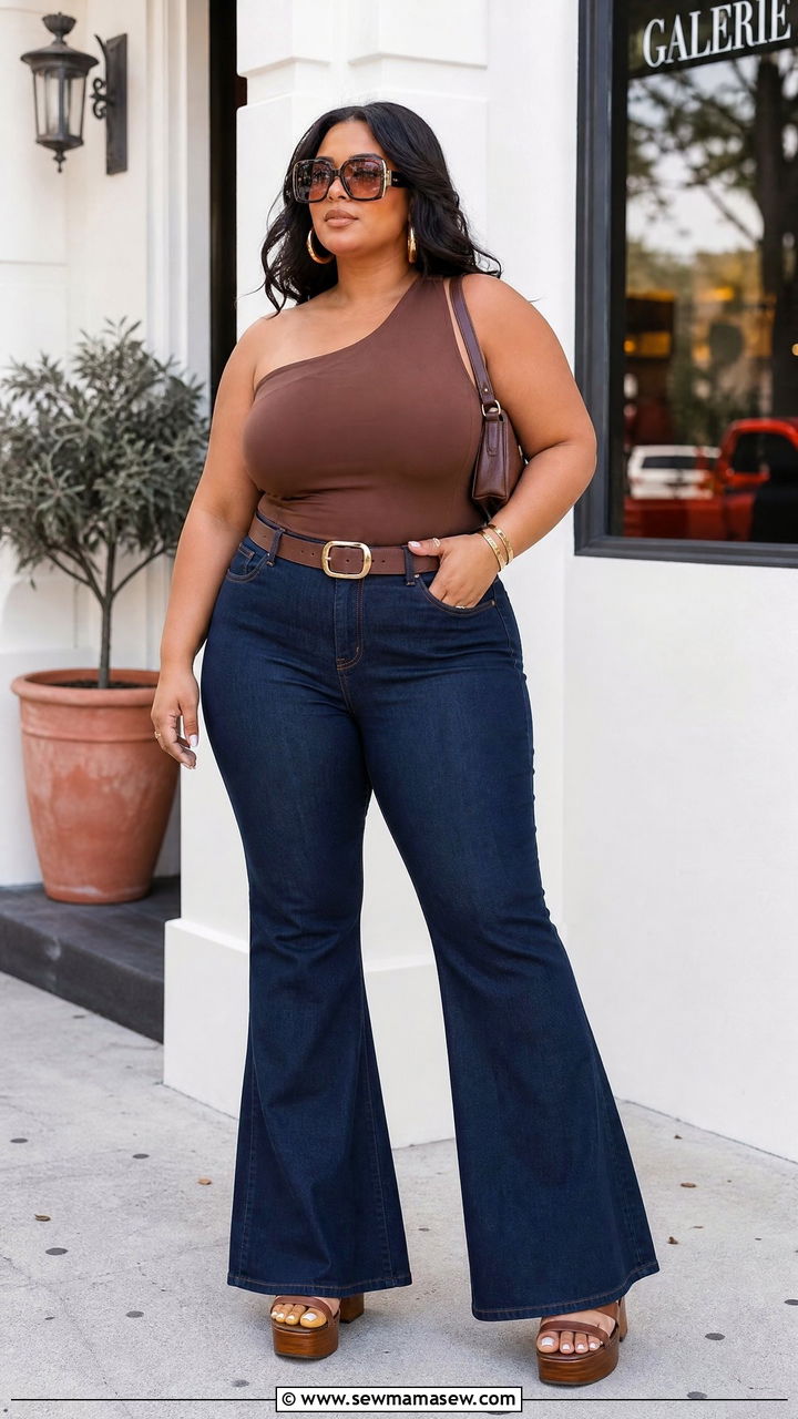 Plus Size One Shoulder Top With Flare Jeans - 20 plus size asymmetric one shoulder top outfit ideas