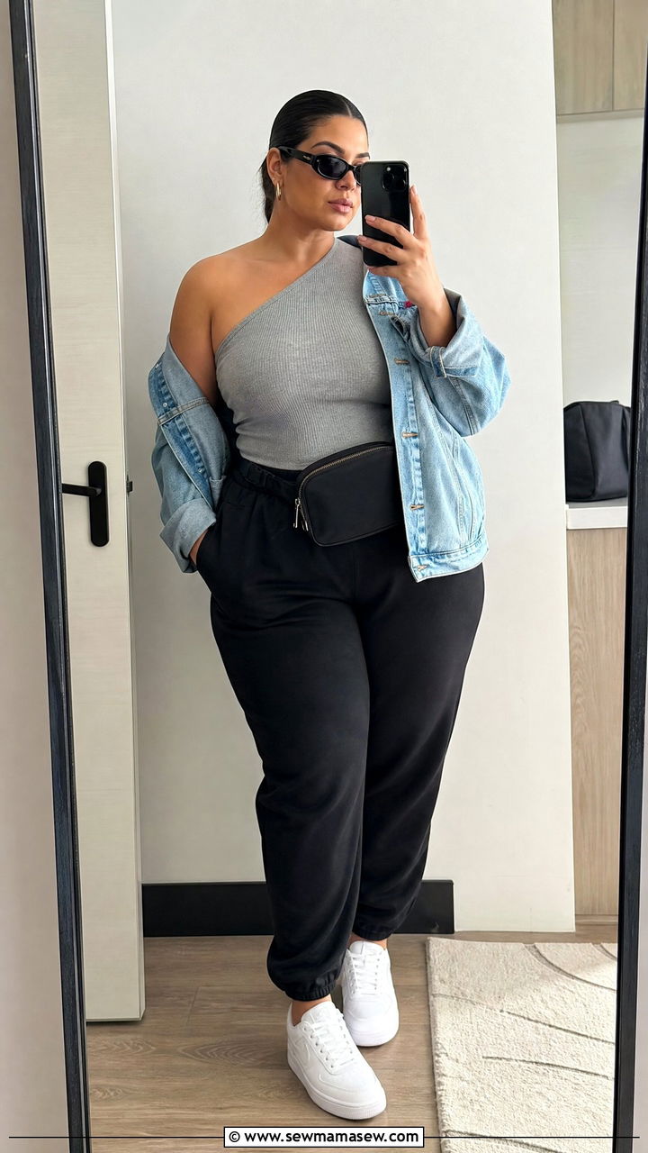 Plus Size One Shoulder Top With Joggers - 20 plus size asymmetric one shoulder top outfit ideas