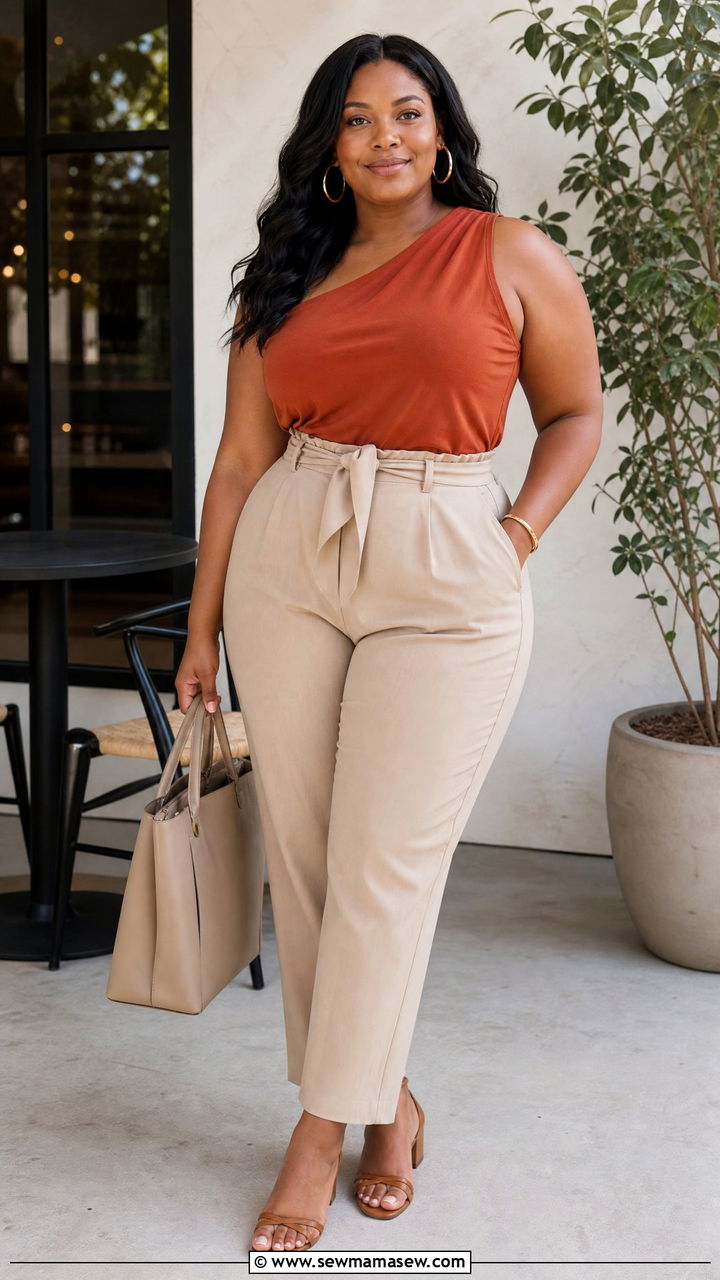 Plus Size One Shoulder Top With Paperbag Pants - 20 plus size asymmetric one shoulder top outfit ideas