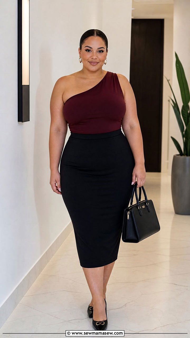 Plus Size One Shoulder Top With Pencil Skirt - 20 plus size one shoulder top outfit ideas