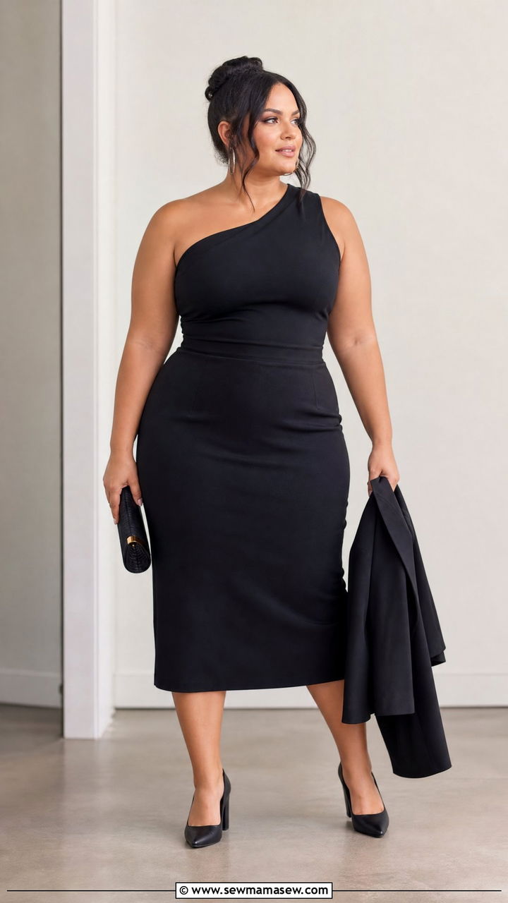 Plus Size One Shoulder Top With Pencil Skirt - 20 plus size asymmetric one shoulder top outfit ideas