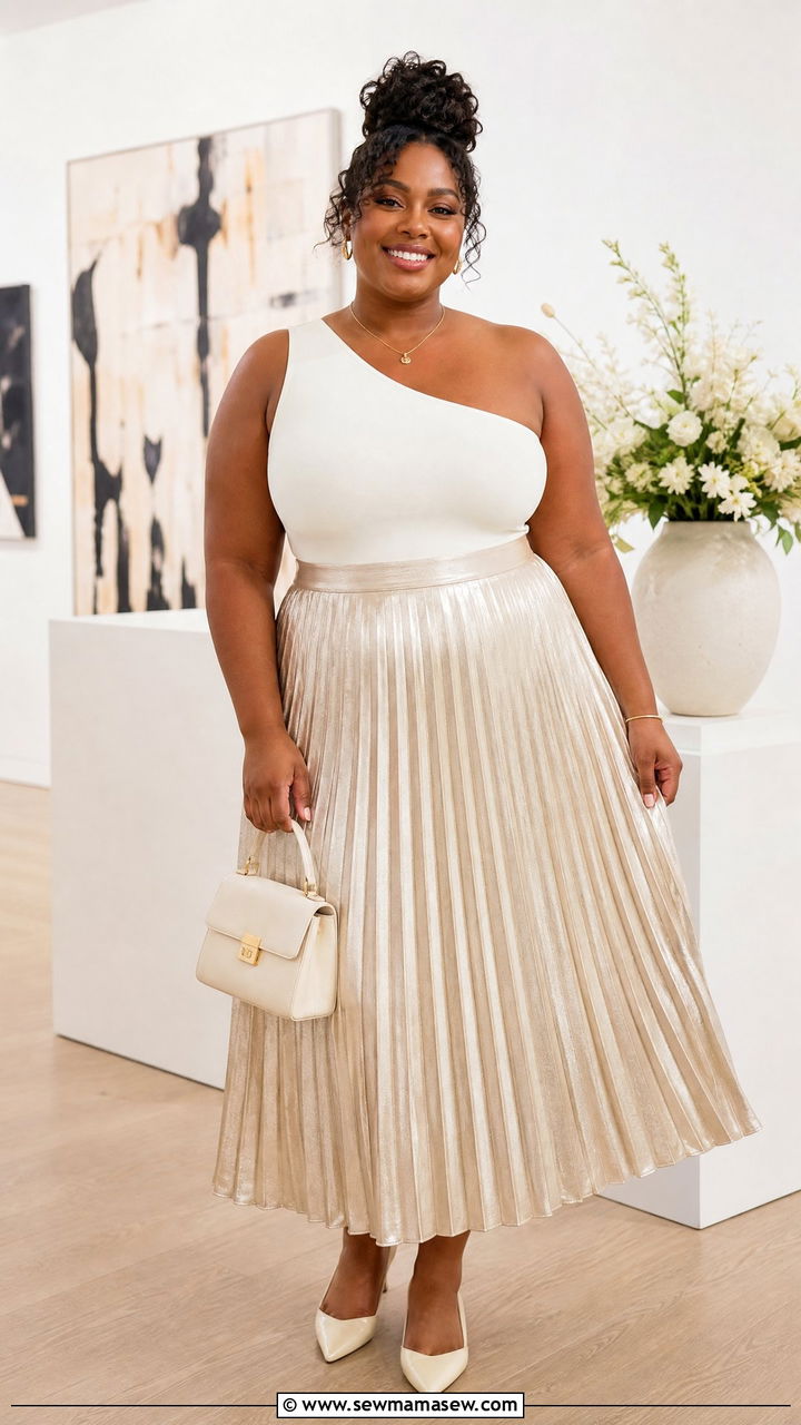 Plus Size One Shoulder Top With Pleated Skirt - 20 plus size asymmetric one shoulder top outfit ideas