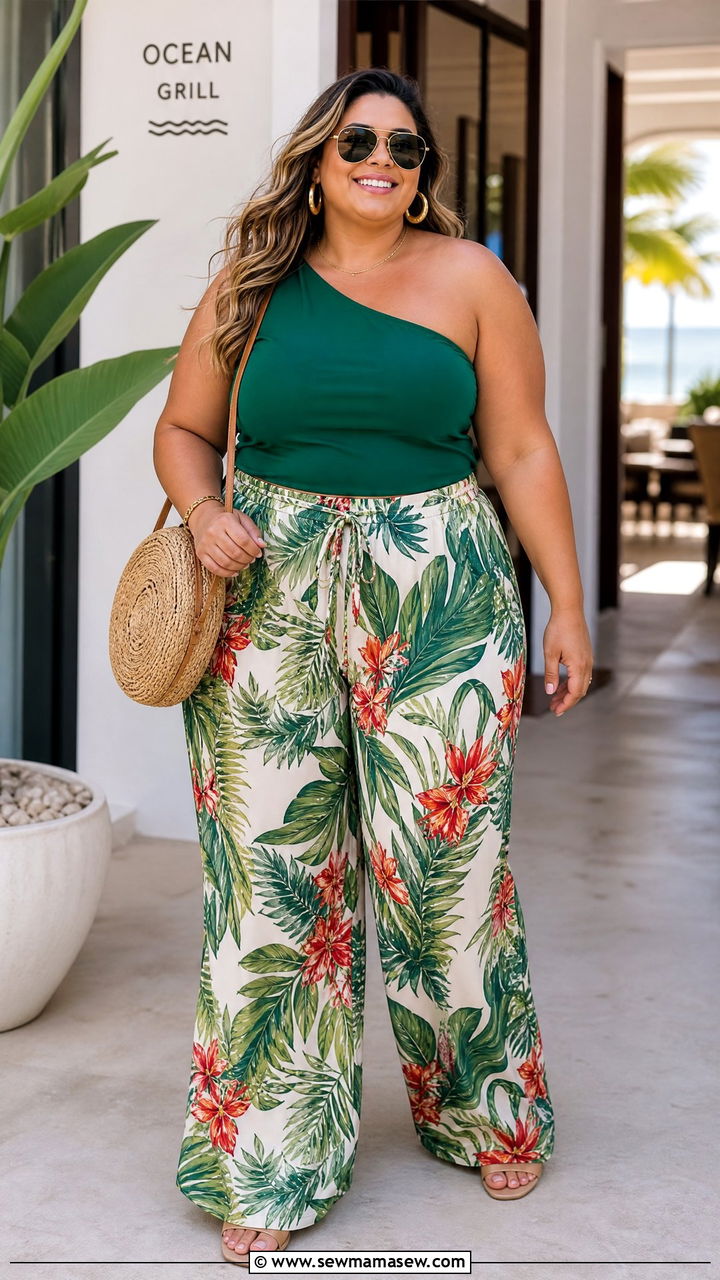 Plus Size One Shoulder Top With Printed Wide Leg Pants - 20 plus size asymmetric one shoulder top outfit ideas