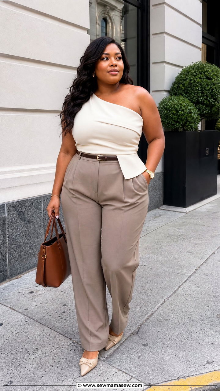 Plus Size One Shoulder Top With Tailored Trousers - 20 plus size asymmetric one shoulder top outfit ideas