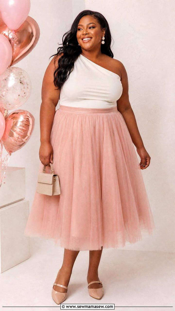 Plus Size One Shoulder Top With Tulle Skirt - 20 plus size asymmetric one shoulder top outfit ideas