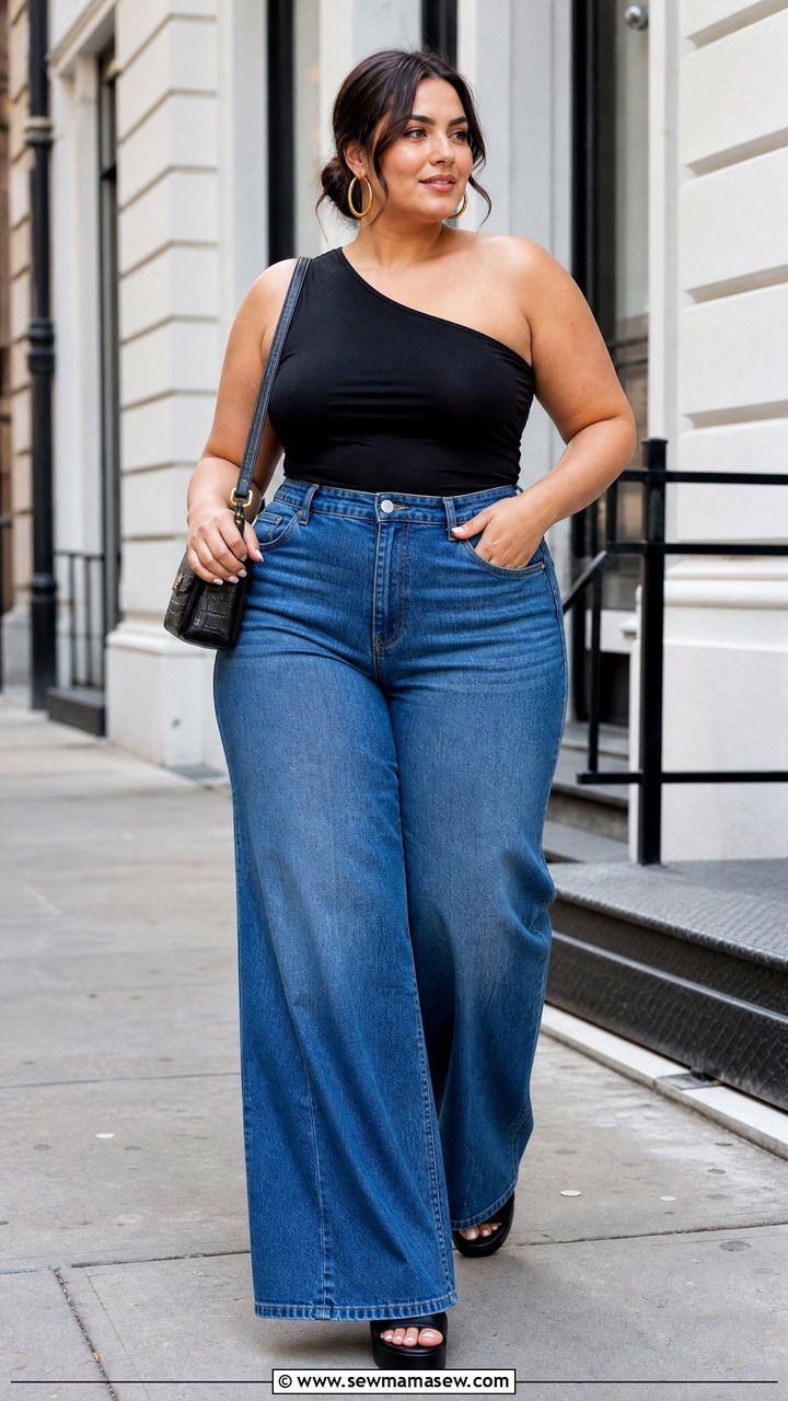 Plus Size One Shoulder Top With Wide Leg Jeans - 20 plus size one shoulder top outfit ideas
