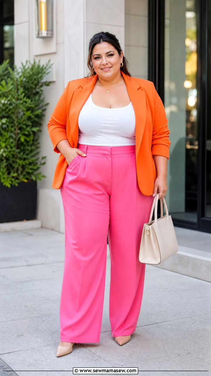 Plus Size Orange Blazer And Pink Pants Outfit - 20 plus size bright color outfit ideas