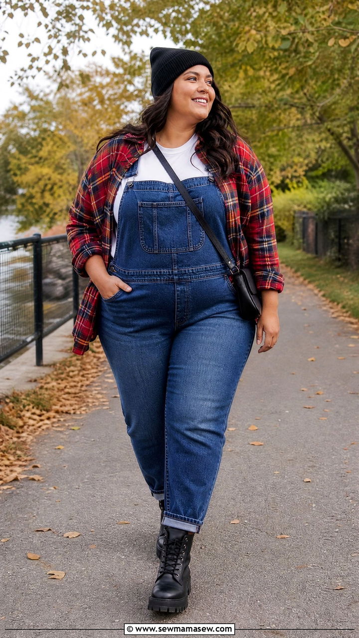Plus Size Overalls With Flannel Shirt - 20 plus size overalls outfit ideas