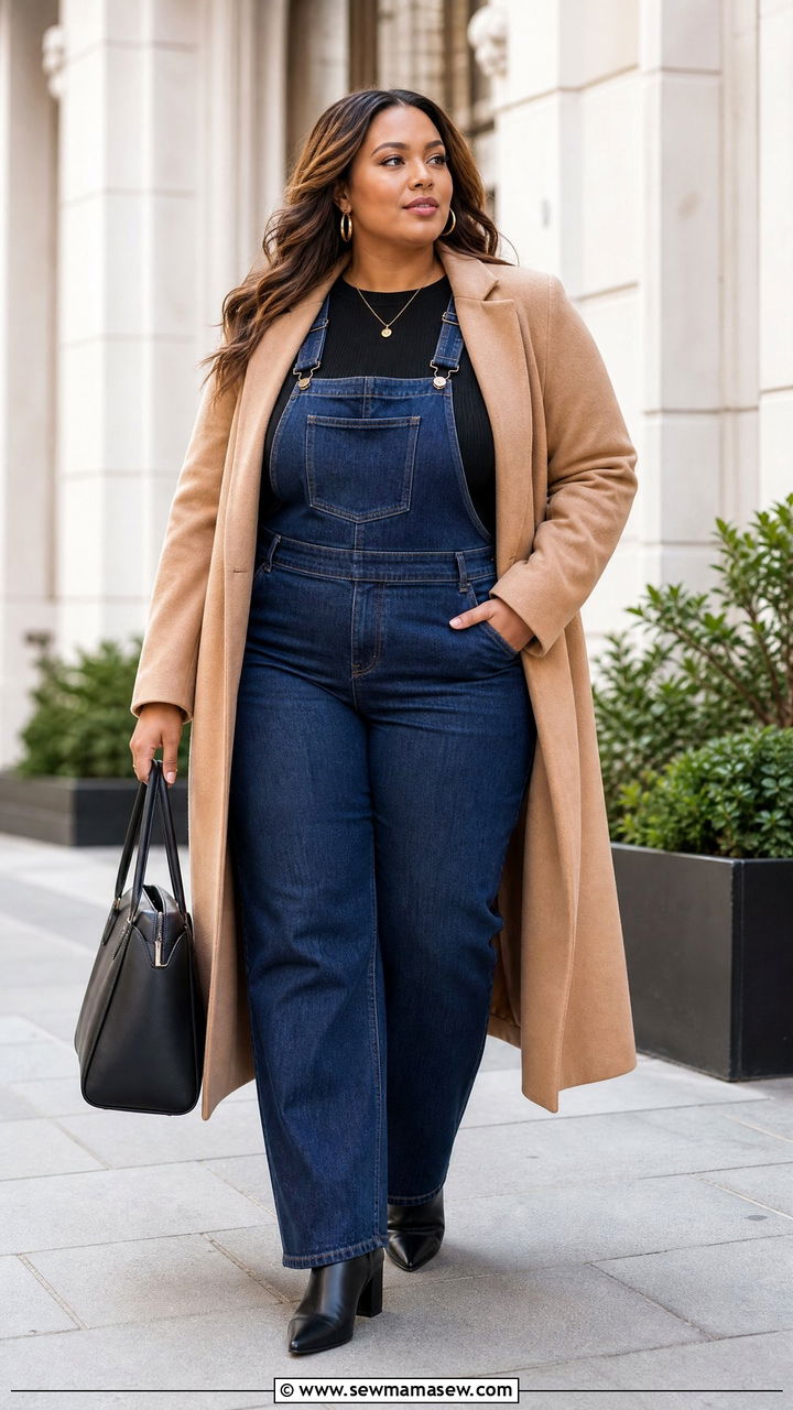 Plus Size Overalls With Long Coat - 20 plus size overalls outfit ideas