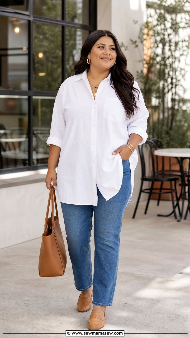 Plus Size Oversized Button Down Tunic With Straight Jeans - 20 plus size oversized tunic outfit ideas