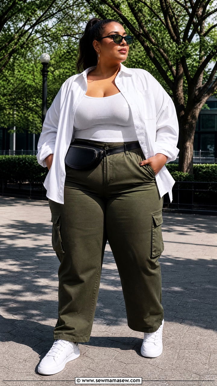 Plus Size Oversized Button Up With Cargo Pants - 20 plus size oversized button up outfit ideas
