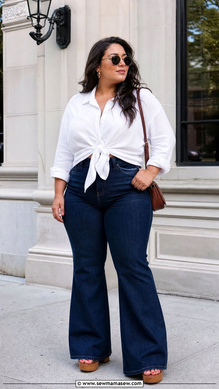 Plus Size Oversized Button Up With Flare Jeans - 20 plus size oversized button up outfit ideas