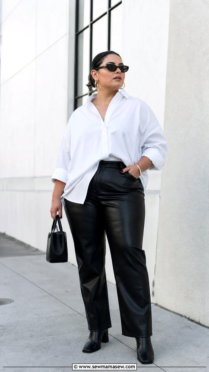 Plus Size Oversized Button Up With Leather Pants - 20 plus size oversized button up outfit ideas