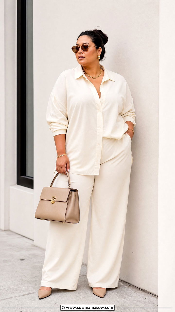 Plus Size Oversized Button Up With Monochrome Pants - 20 plus size oversized button up outfit ideas