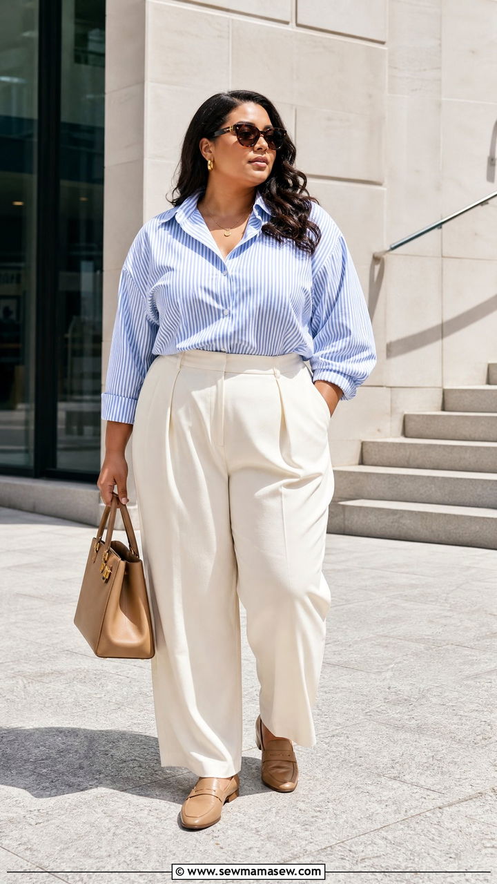 Plus Size Oversized Button Up With Pleated Pants - 20 plus size oversized button up outfit ideas
