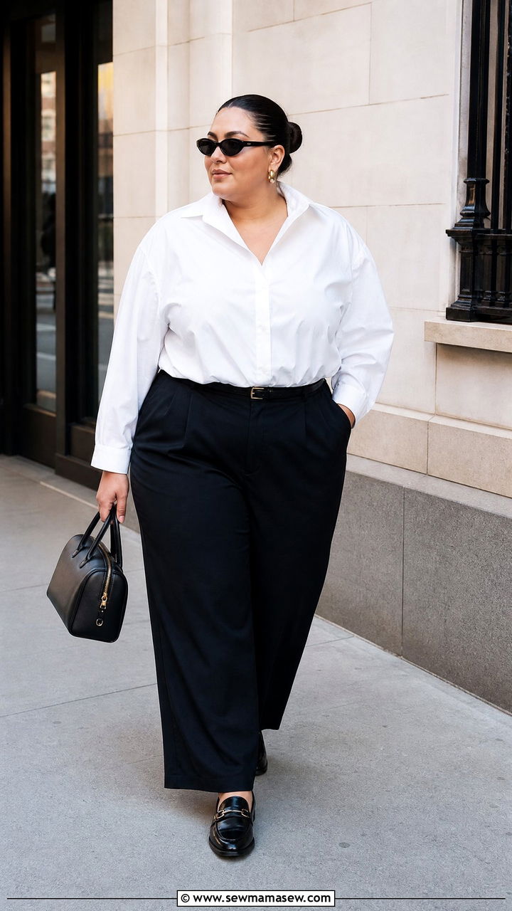 Plus Size Oversized Button Up With Wide Leg Trousers - 20 plus size oversized button up outfit ideas