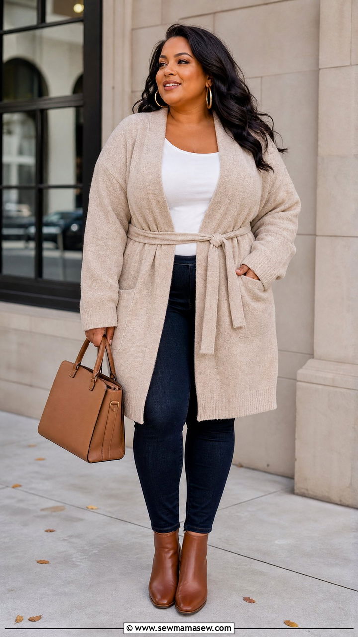 Plus Size Oversized Cardigan With A Belt - 20 plus size oversized cardigan outfit ideas