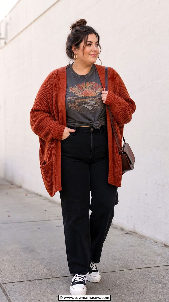 Plus Size Oversized Cardigan With A Graphic Tee - 20 plus size oversized cardigan outfit ideas