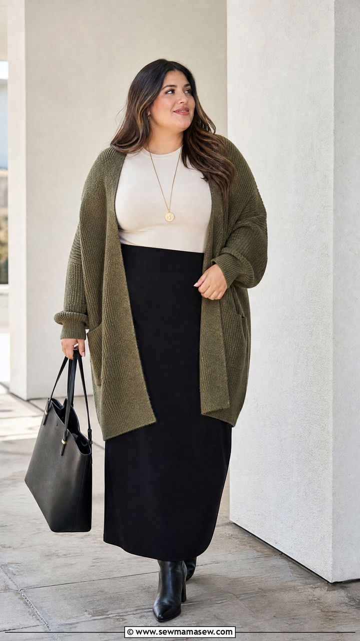 Plus Size Oversized Cardigan With A Maxi Skirt - 20 plus size oversized cardigan outfit ideas